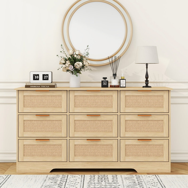 Natural Rattan 9 Drawer Dresser Boho Storage Chest of Drawers for Living Room