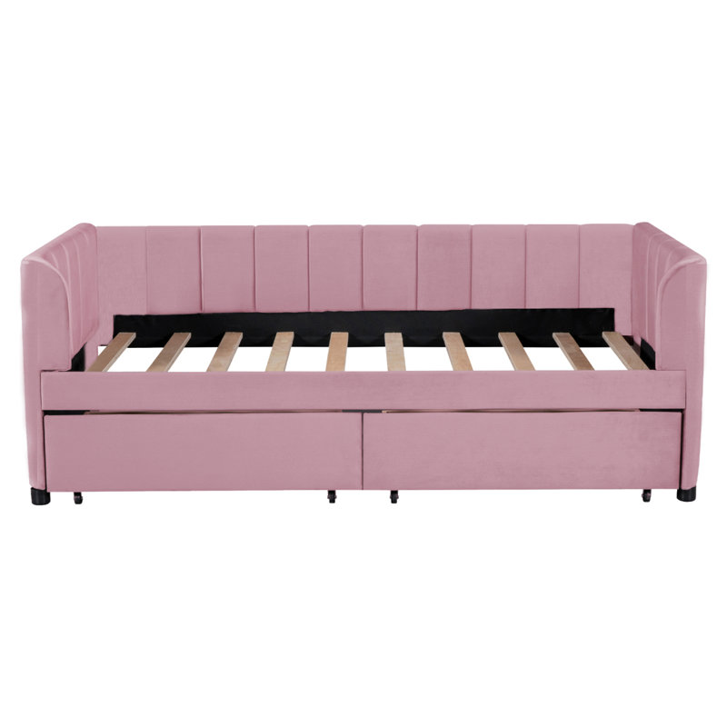 Upholstered Daybed With Ergonomic Design Backrest And 2 Drawers, Pink