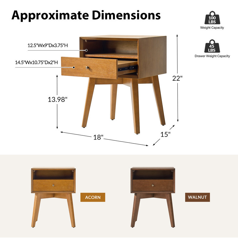 Boneva 18"W Mid-Century Modern Solid Wood Nightstand with Built-In Outlets, Acorn