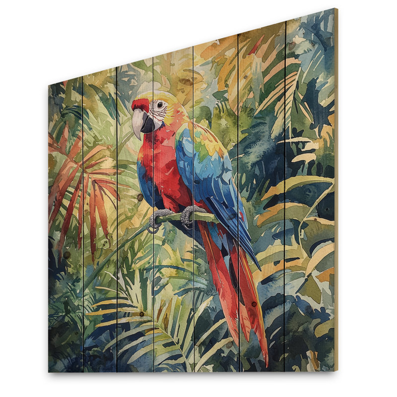 Perroquet tropical dans la forêt tropicale I - Art mural en bois de perroquet - sur bois de pin naturel