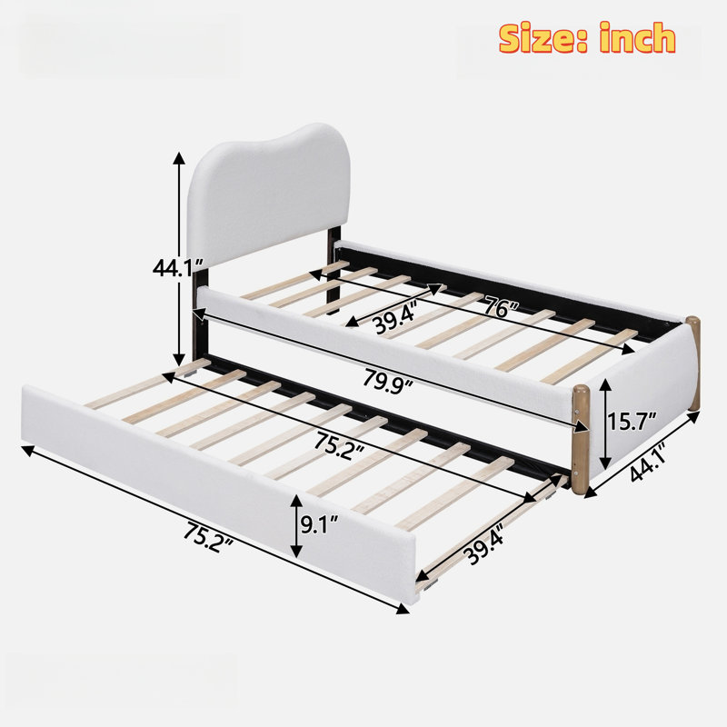 Upholstered Platform Bed with Twin Size Trundle Syrina, Twin, White