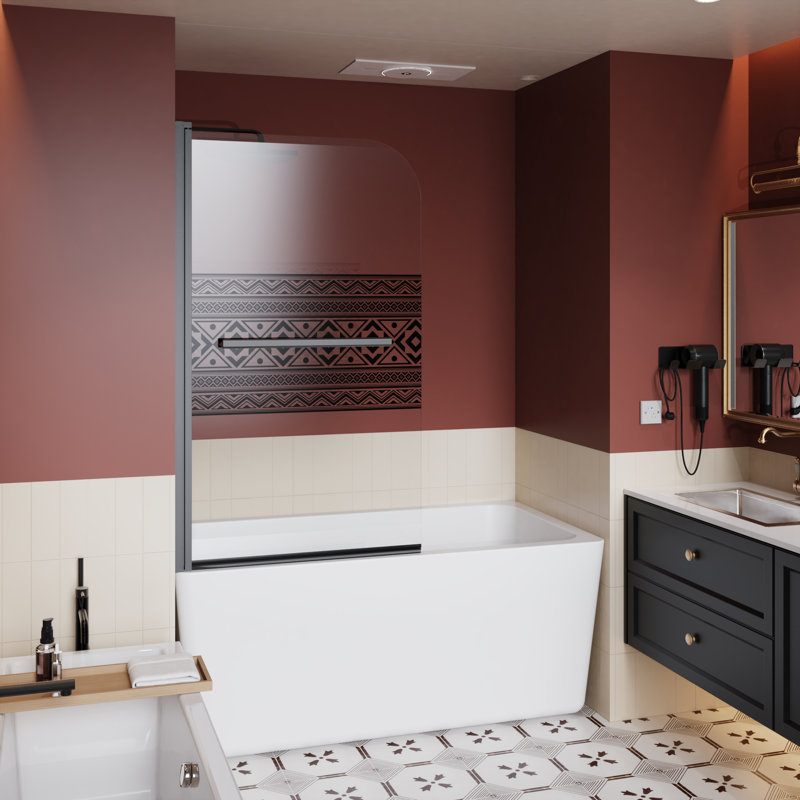 Black Shower Door For Bathtub, 1/4 Inch Thick Tempered Glass With Bohemian Pattern And Stainless Steel Handle | Gift Idea