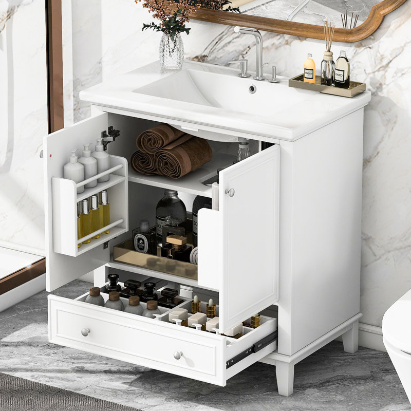 Meuble-lavabo blanc avec tiroir, rangement fonctionnel et lavabo en bois massif 30 po, Blanc