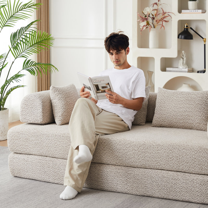 Modular Chenille Sleeper Sofa with Removable Armrests, Khaki Chenille