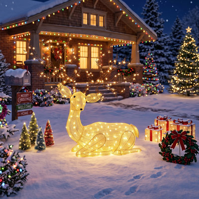 Renne doré avec de grands bois et 280 lumières blanches chaudes, décoration de Noël extérieure pour animaux
