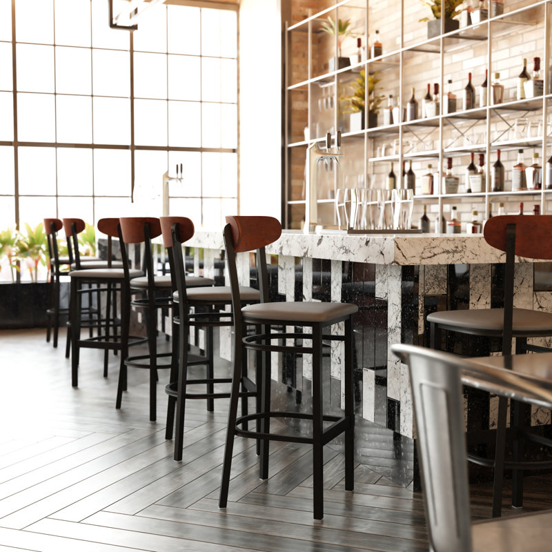 Everlena Commercial Metal Barstool with Wood Seat and Boomerang Back, Walnut, Gray