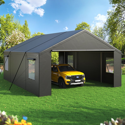 Abri d'auto robuste de 20 pi x 20 pi, garage portatif avec porte à enroulement, fenêtres et base renforcée