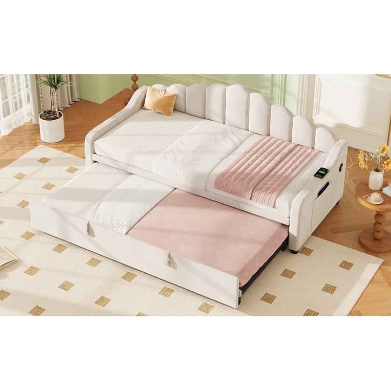 Beige/Pink Velvet Daybed with Pull-out Trundle & Charging Station