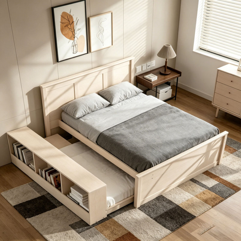 Lit plateforme en bois avec lit gigogne escamotable, armoire de rangement, Lit simple, Blanc, crème
