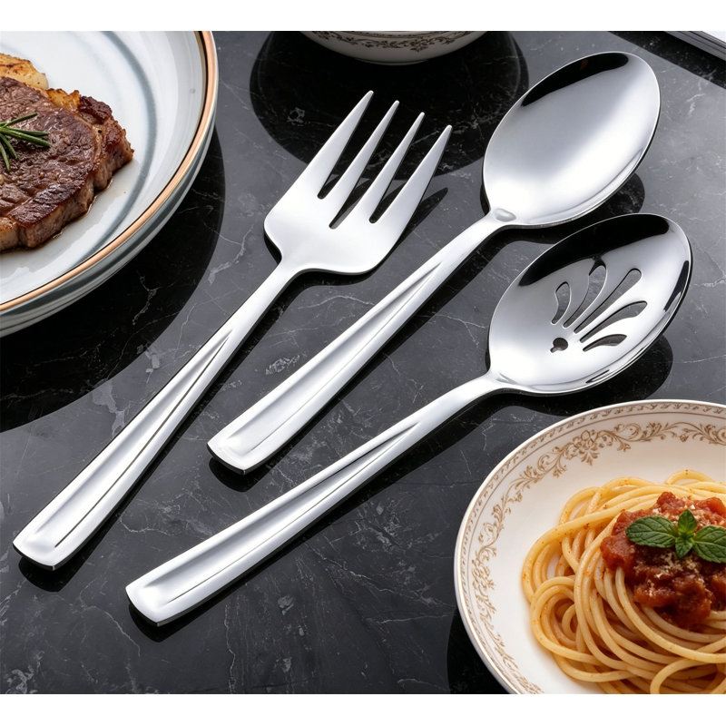 Ensemble d'ustensiles de service 5 pièces en acier inoxydable avec desserte à tarte, cuillère de service, cuillère rainurée, fourchette