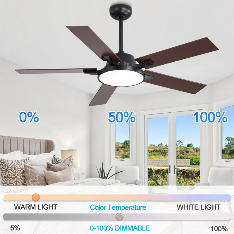 52" Ceiling Fan w/ LED Lights, 3 Color Temprature, Quiet DC Motor 6 Speed w/ Remote Control, Matte Black, Dark Brown Wood