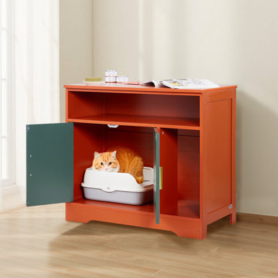 Cat Litter Box Enclosure, 31 In Hidden Litter Box Cabinet With Shelf And Storage, Modern Style Indoor Cat Washroom, Wooden Kitty House Furniture End Table, Fit Most Litterboxes, Red And Green
