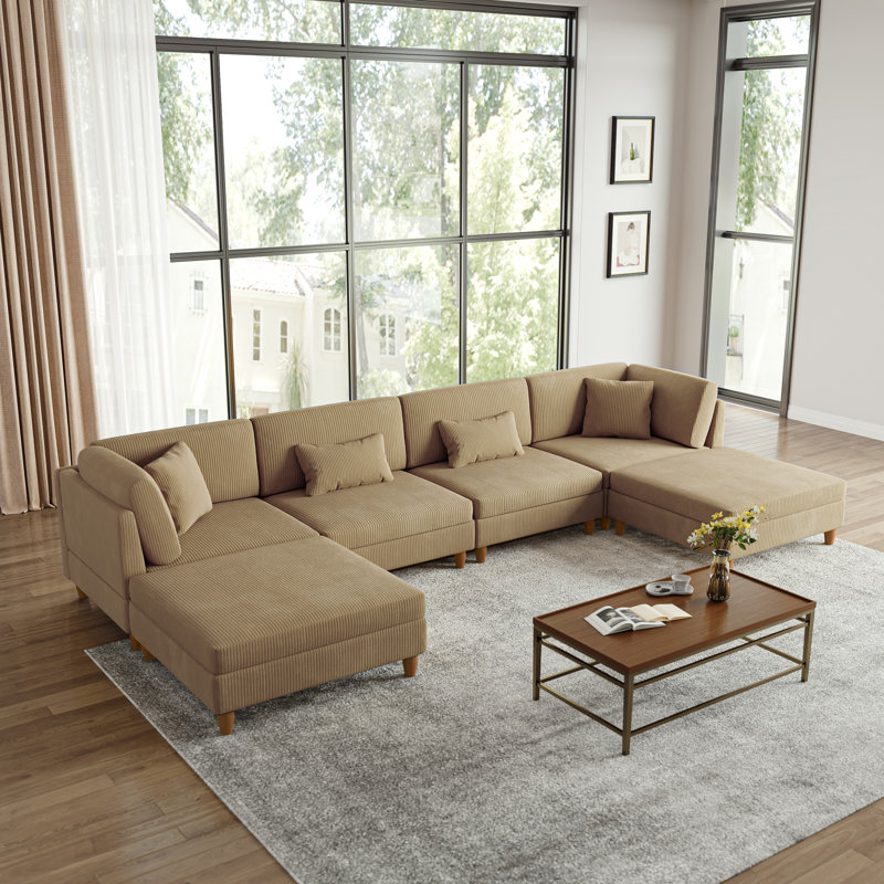Seemab 6 - Piece Upholstered Camel Corduroy Modular Sectional with Pillow Back and Removable Ottoman, Camel