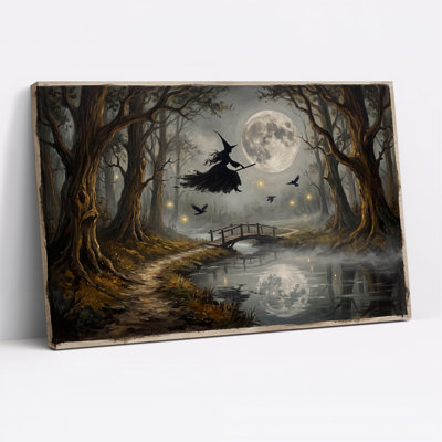 Witch Flying Broomstick Over Moonlit Forest Halloween Canvas Wall Art