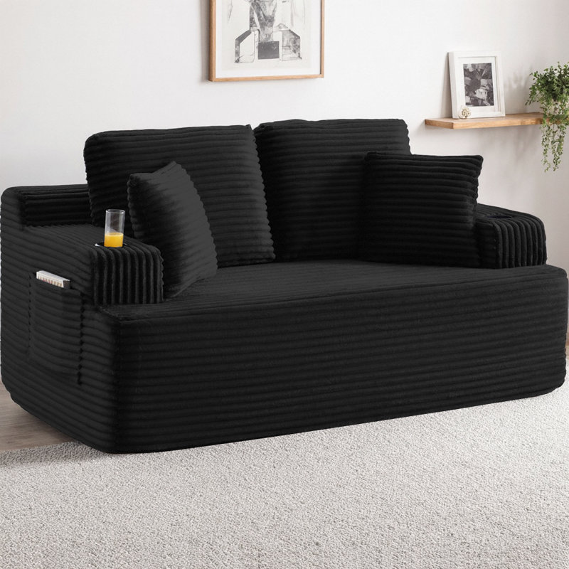Canapé de 66,5 po de style nuage sans os, canapé 2 places avec porte-gobelet et poches latérales, canapé en velours côtelé moderne à profil bas sans assemblage requis pour les petits espaces