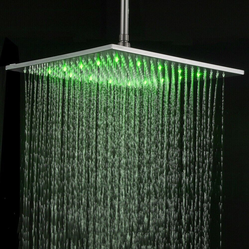 Pomme de douche à jet de pluie haute pression en nickel brossé à DEL 16 pouces