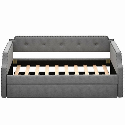 Upholstered Daybed With Trundle, Wood Slat Support