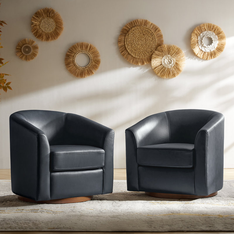 Amiir Modern 30.5'' Wide Genuine Leather Swivel Barrel Chair with Solid Wood Base (Set of 2), Navy