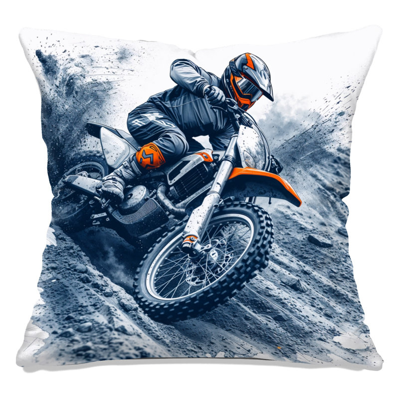 Coussins décoratifs Motocross Rider Action, 14 X 14 pouces, Orange foncé et gris anthracite