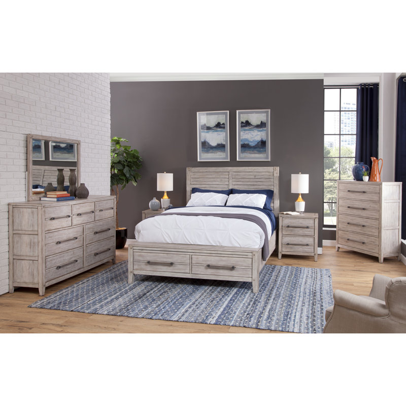 Navin Slat Storage Bed, King, White Washed