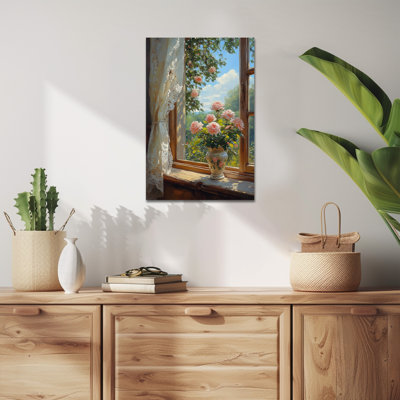  Fleur, art mural sur toile, impressions rustiques de campagne rustique rose, photo de nature morte, toile rétro botanique, décoration de peinture de fenêtre ensoleillée chaleureuse pour le salon de la chambre à coucher, 12 x 16 pouces