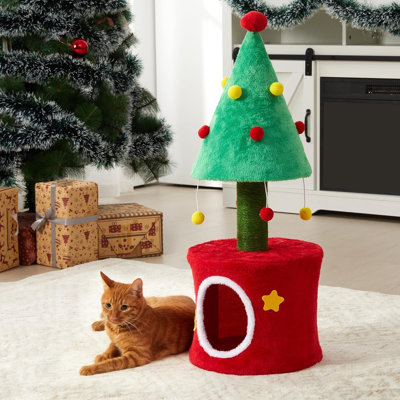 Compact christmas cat tree tower with sisal posts, soft bed and hideaway for small spaces and indoor cats