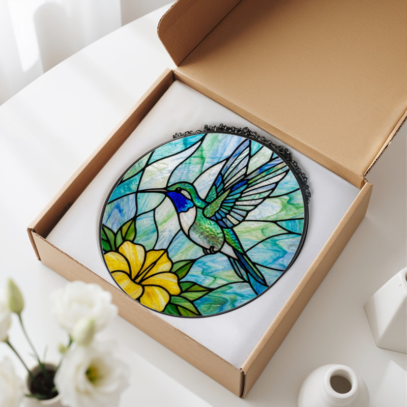 Panneau de vitrail 12 "Hummingbird Flower, 12" H x 12" W