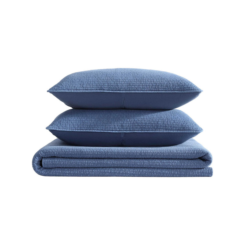 Nautica Seashore Stitch Solid Cotton Quilt Set, Twin Quilt + 1 Standard Sham, Blue