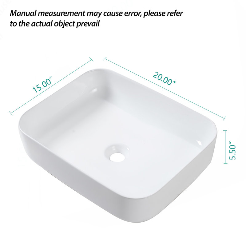 20x15 Inch White Ceramic Rectangular Bathroom Sink