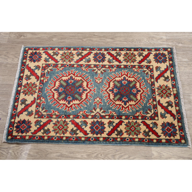 Tapis décoratif en laine de conception unique noué à la main new age kazak bleu/rouge/beige 2 pi x 3 pi