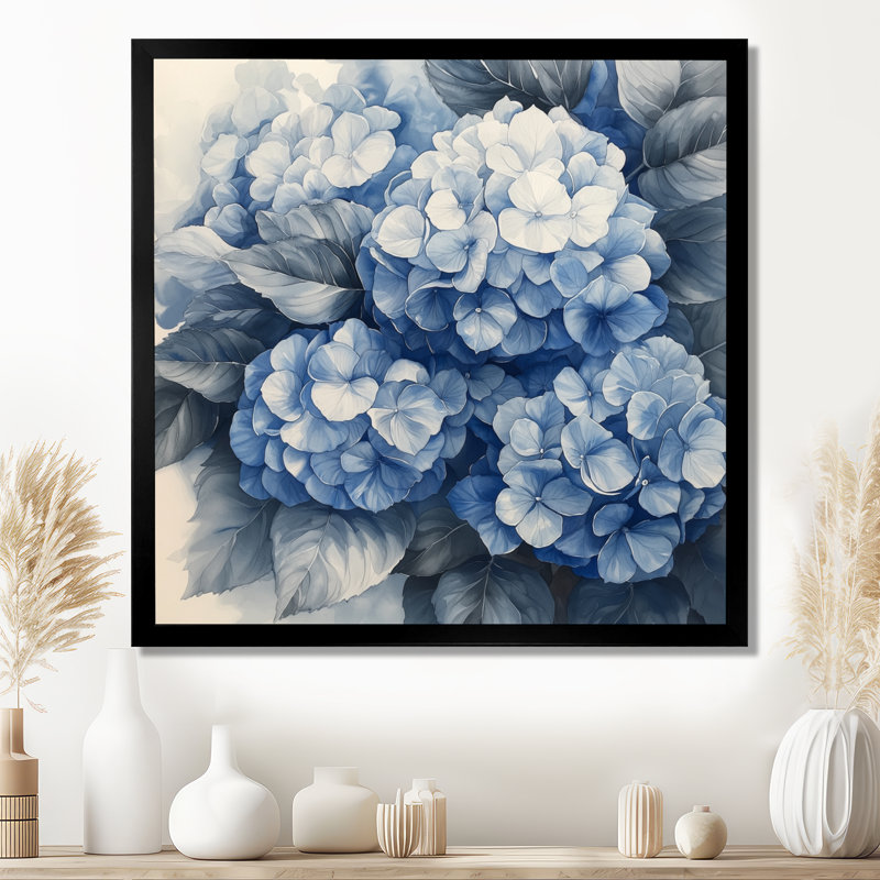 Hortensia grappe avec pétales bleus I - hydrangées, art mural, Reproduction encadrée d'une seule photo, H 16 po x l 16 po