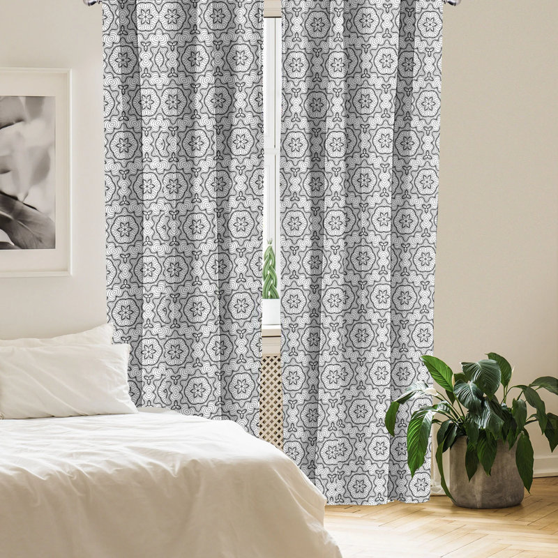 Black and White Geometric Polyester Rod Pocket Curtain Panels