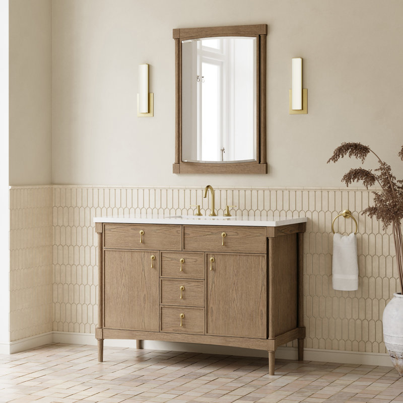 Kinnsden 48" W Single Vanity, White Zeus Silestone, 8" Widespread, Weathered Oak