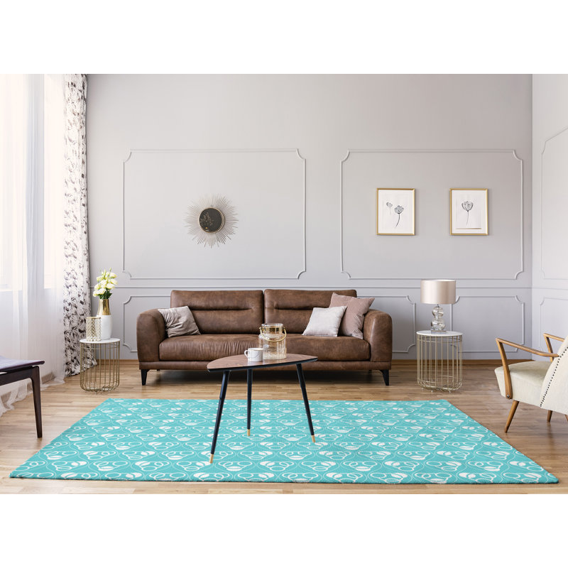 Tapis bleu sarcelle / blanc Circles and Waves, Rectangle 8 pi x 10 pi