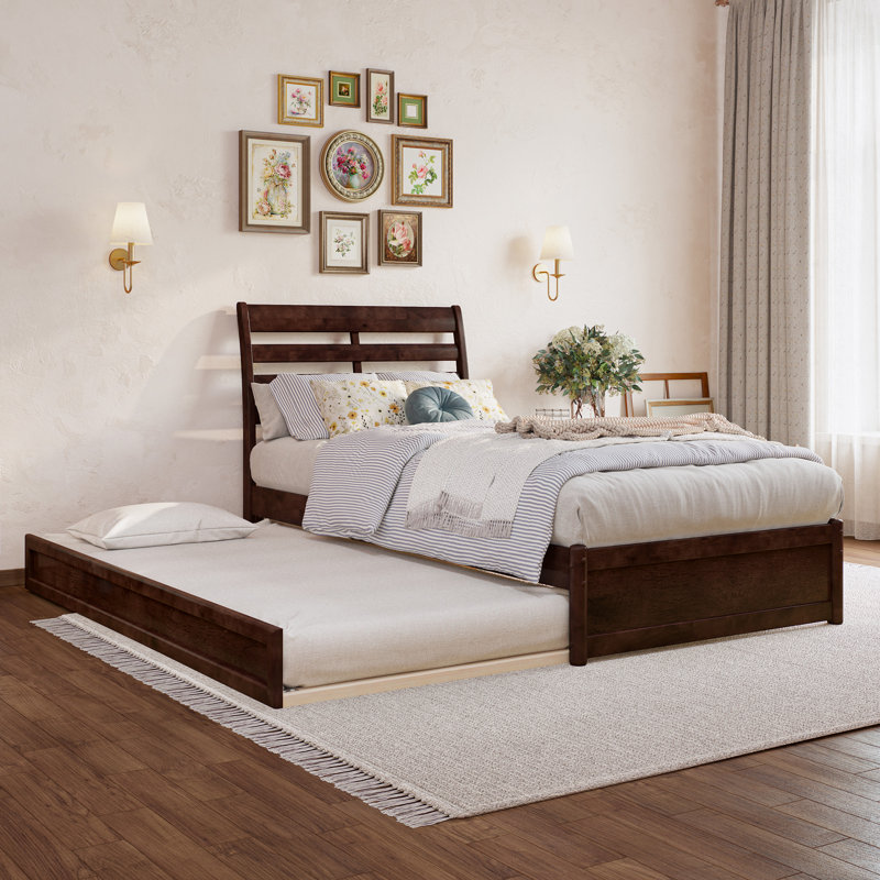 Lamareon Solid Wood Platform Bed with Footboard & Roll Out Trundle Bed, Twin XL, Walnut