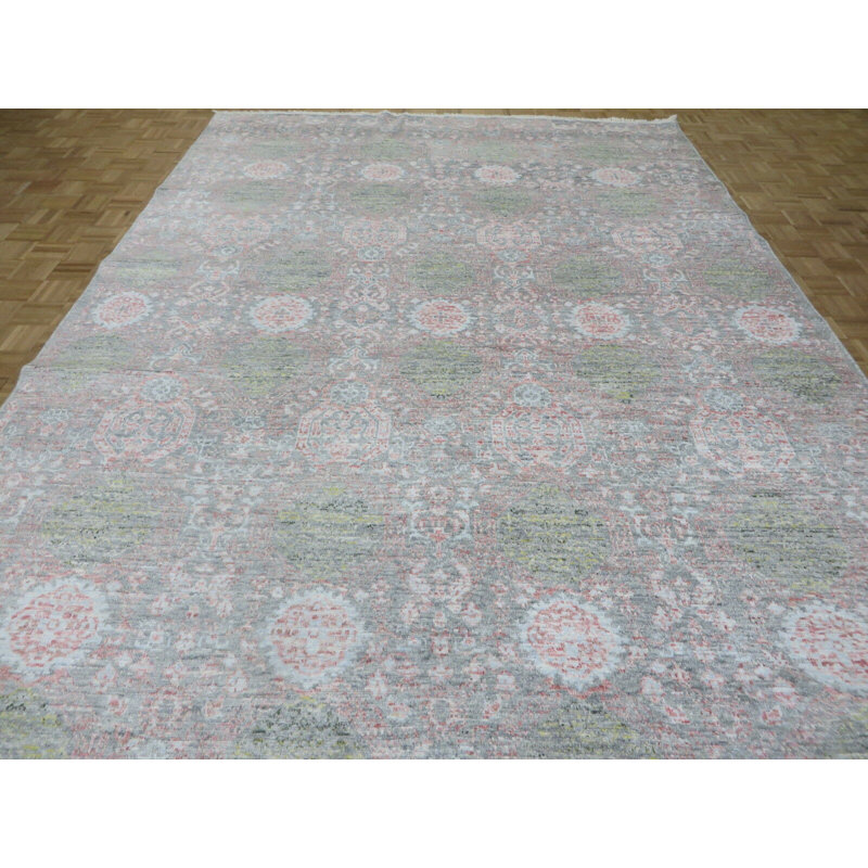 Tapis unique en laine noué à la main gris de 9 pi 4 po x 14 pi Mahzbin