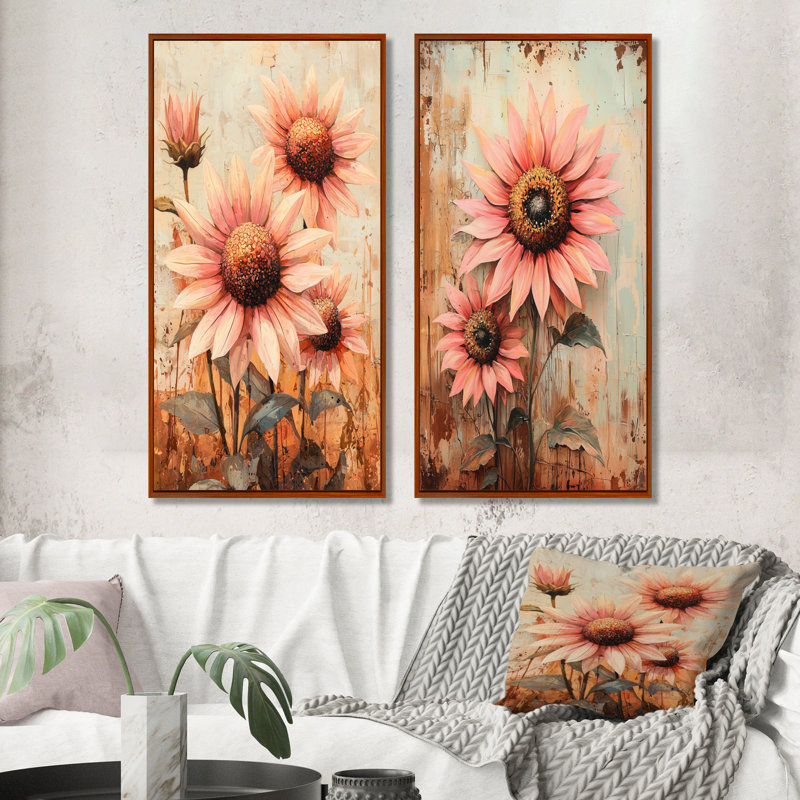 Collection de 2 panneaux d'art rétro floraux rose Sunrise Sunflowers I, H 32 po x l 33 po, Cadre flottant brun