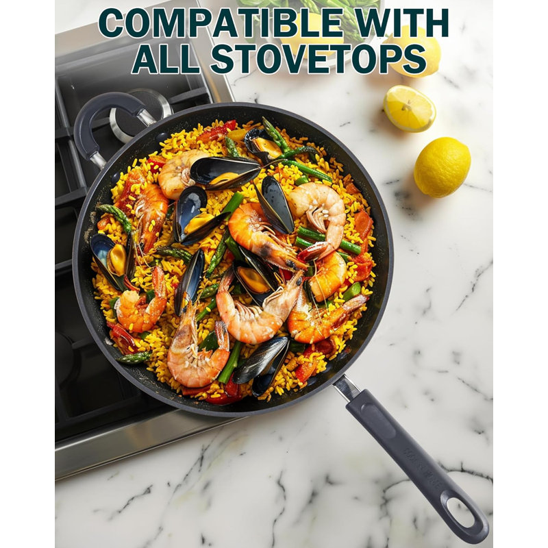 Cook N Home Basic 12-Inch Hard Anodized Nonstick Wok with Lid, Large Non Stick Stir-Fry Pan, Deep Flat Bottom Wok Pan, Everyday Chef Saute Skillet, Induction Cookware, Black