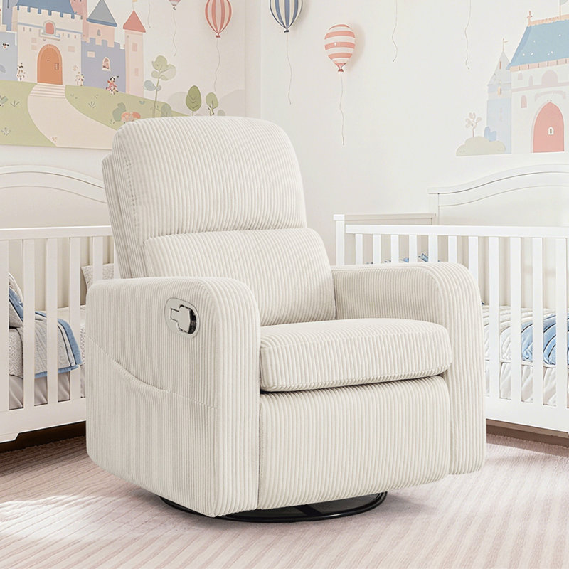 Fauteuil inclinable, pivotant et oscillant en velours côtelé de 36 po Reiby, Velours côtelé blanc