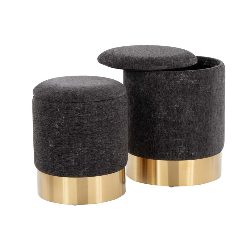 Contemporary Nesting Ottoman Set With Soft Plush Fabric And Glam Gold Metal Base For Elegant Home Decor, Black