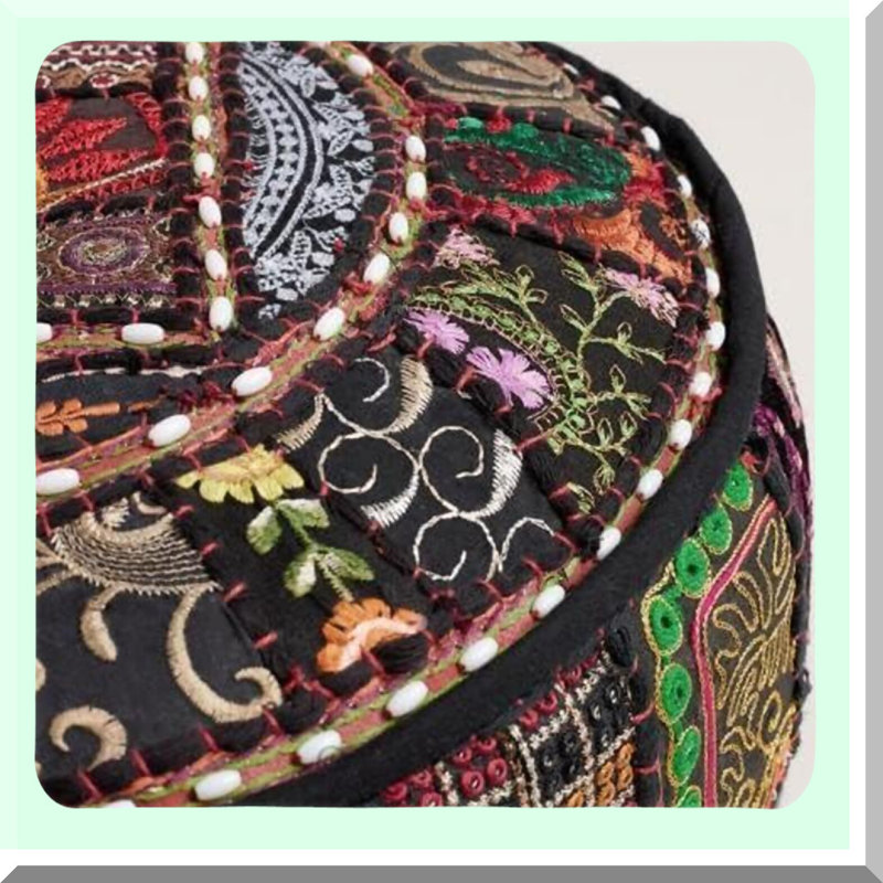Ethnic Comfort Cotton Pouf - Black Patchwork Cover Ottoman Cushion with Embroidered Designs for Decorative Floor Seating
