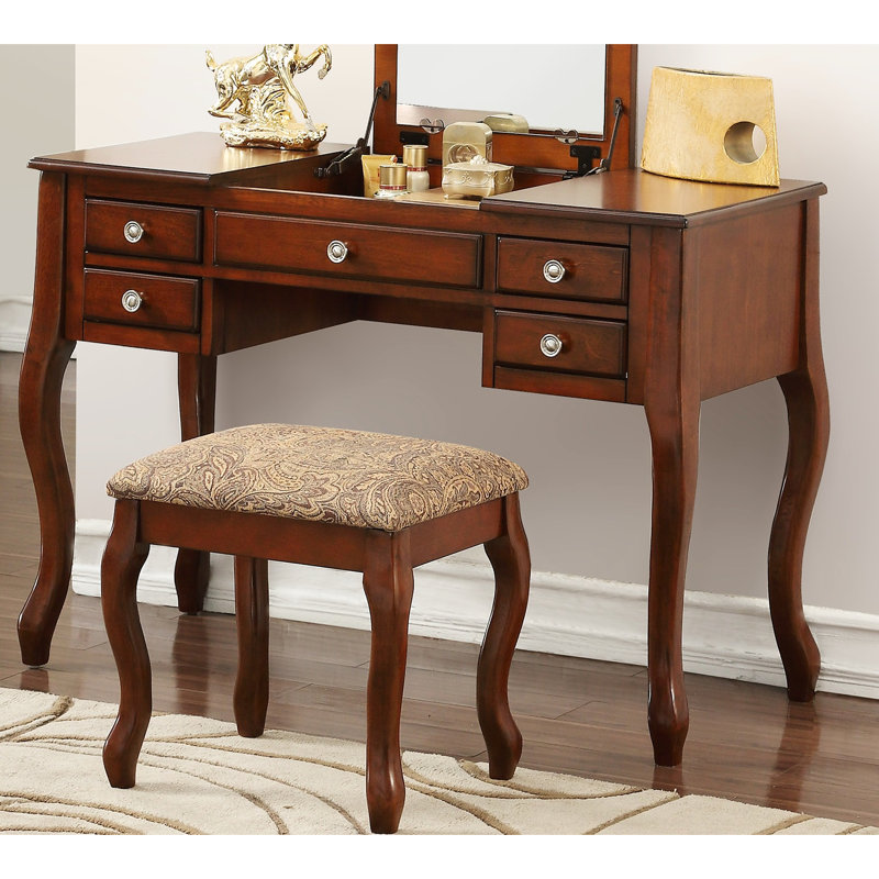 Meuble-lavabo couleur cerise avec tabouret, look moderne, miroir ouvert, tabouret en cerisier de contreplaqué pour chambre à coucher, style, surface en miroir, bois de peuplier