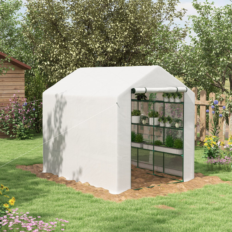 Outdoor Walk-In Greenhouse With Roll-Up Zipper Door, 18 Shelves, PE Cover, 95.25" X 70.75" X 82.75", White, White
