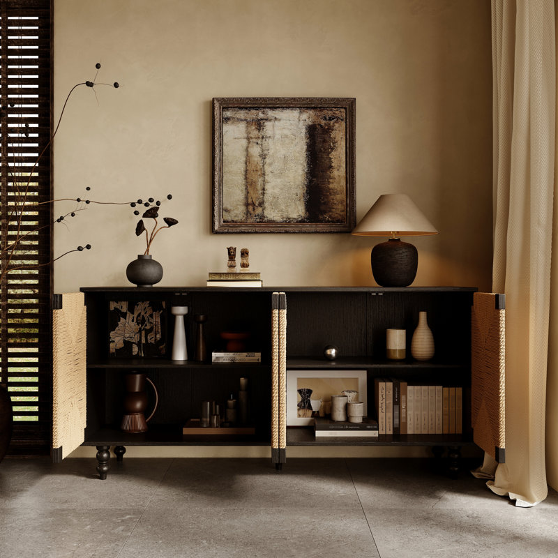 Handwoven Seagrass Sideboard, Solid Pine Wood Legs, Classic Black , Four Shelves Storage, Ideal For Plates Style Natural Door Five Organized Dining Decor
