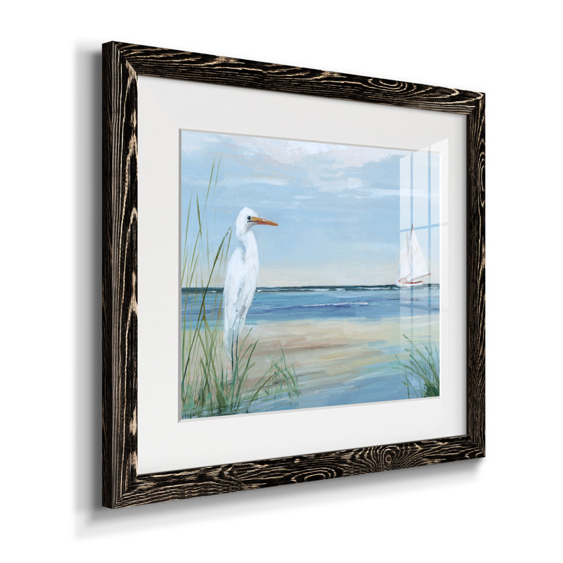 Summer Heron - Ensemble de 2 peintures sur papier encadrées, H 23 po x l 32 po x P 1 po, Papier encadré noir