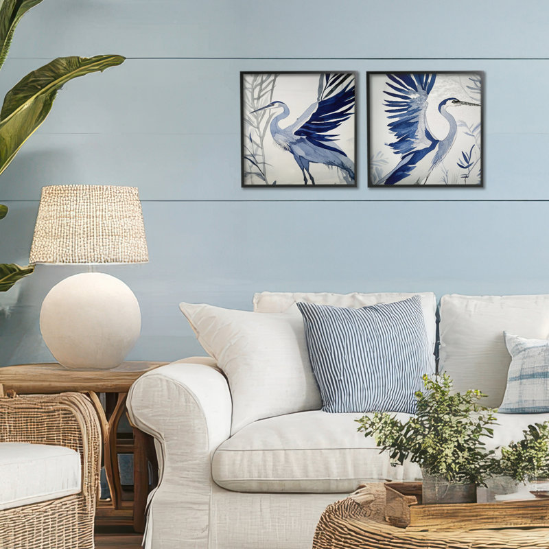 «Whimsical Blue Beach Birds», ensemble de 2 giclées encadrées par Mona Grace, H 12 po x l 24 po, Giclée encadrée noir minuit