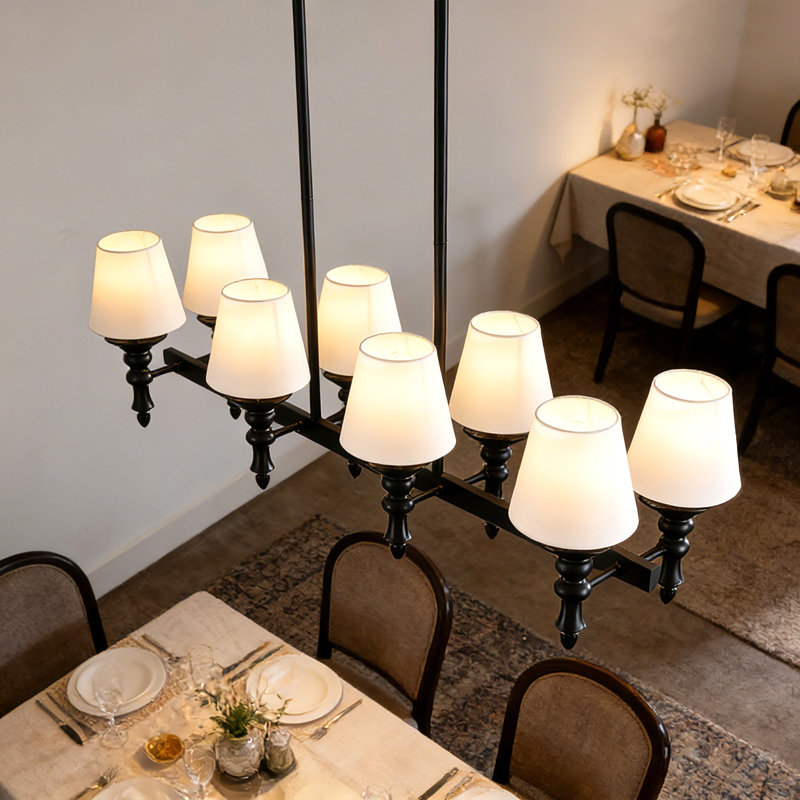8-light 41.34'' Farmhouse Linear Chandelier With White Shade For Dining Table & Kitchen Island, Matte Black