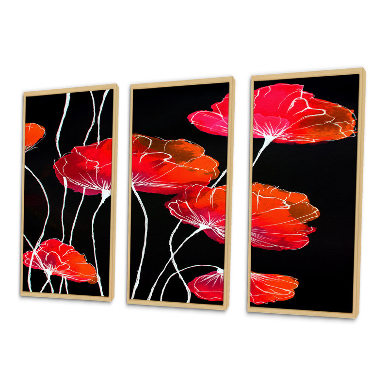 «Abstract Red Flower Détail On Black II», 3 pièces sur toile, H 28 po x l 36 po, Brun