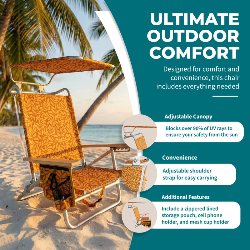  Folding Beach Chair, Backpack Recliner with Canopy, Amber Leaves