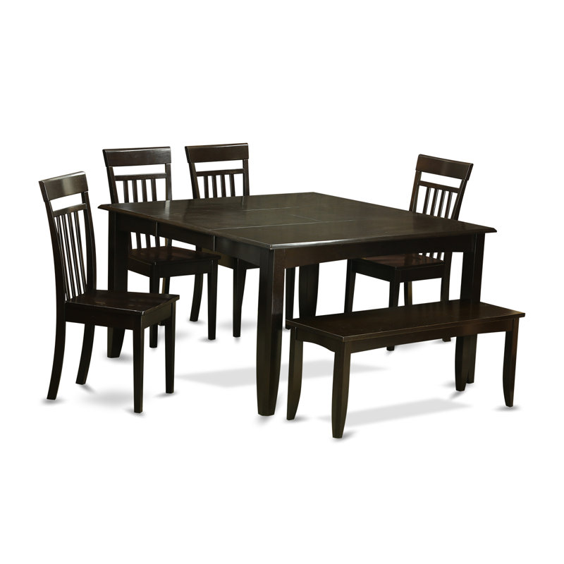 L'ensemble de table de cuisine 6 pièces contient une table de salle à manger carrée avec feuille papillon et 4 chaises de salle à manger avec banc, cappuccino